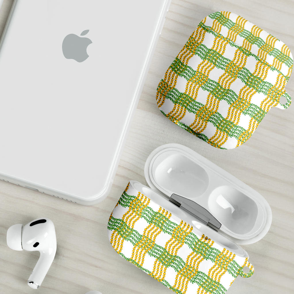 Aloha Hawaii Ilima Maile Lei AirPods Case Palaka Inspired Hawaiian-plaid White