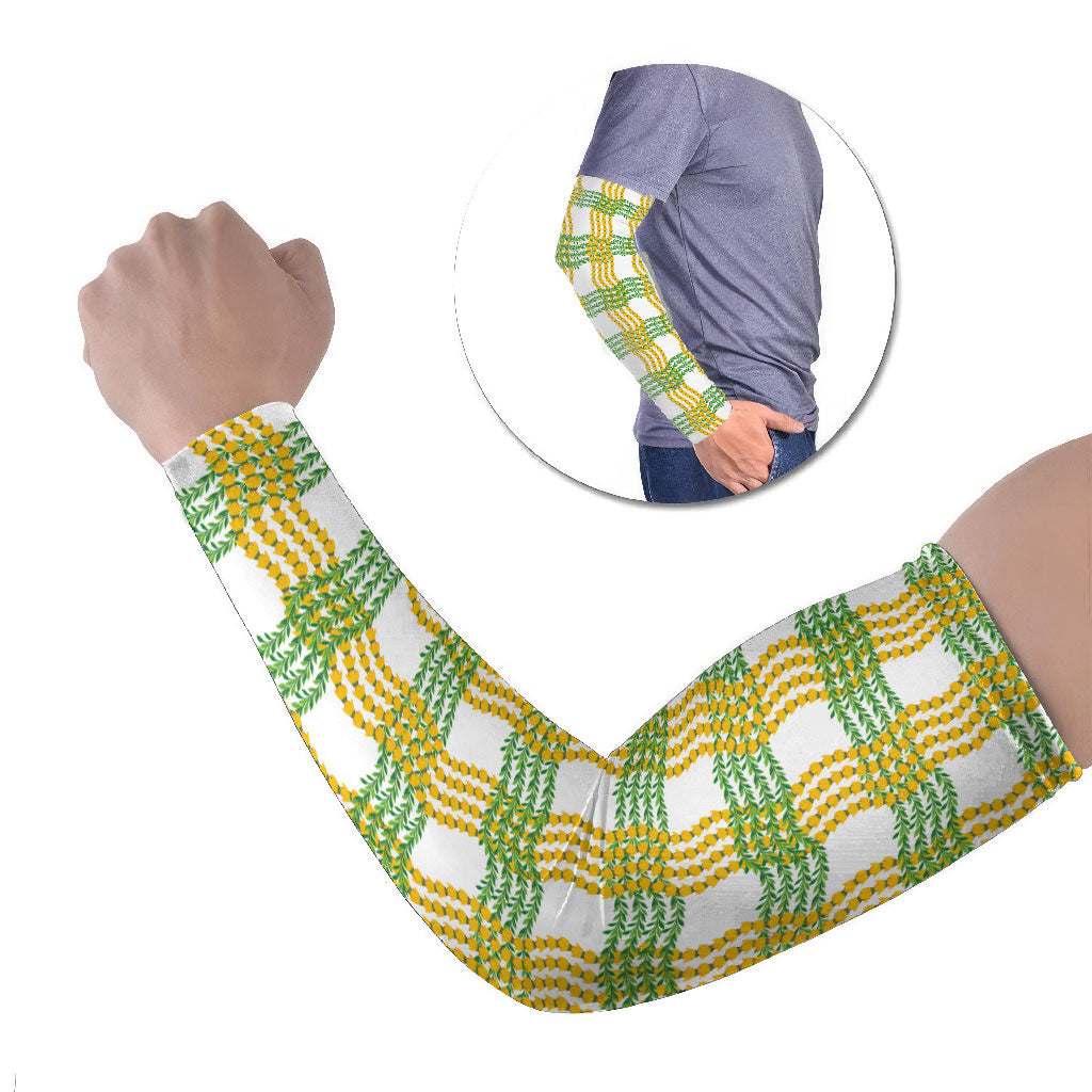 Aloha Hawaii Ilima Maile Lei Arm Sleeves Palaka Inspired Hawaiian-plaid White LT14 Set of 2 White - Polynesian Pride
