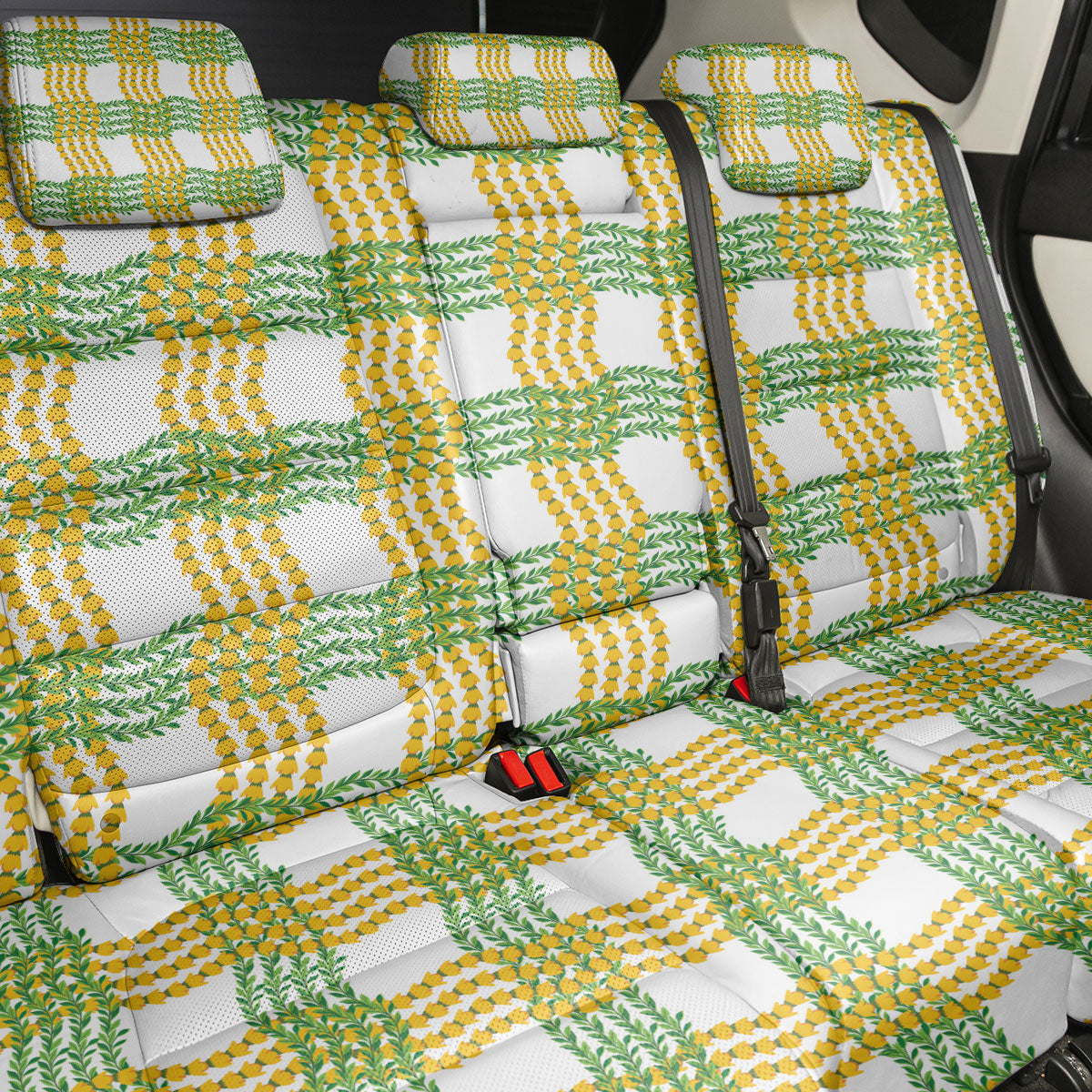 Aloha Hawaii Ilima Maile Lei Back Car Seat Cover Palaka Inspired Hawaiian-plaid White