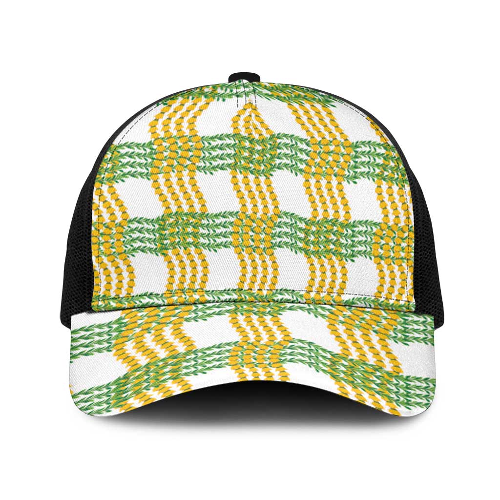 Aloha Hawaii Ilima Maile Lei Baseball Net Cap Palaka Inspired Hawaiian-plaid White