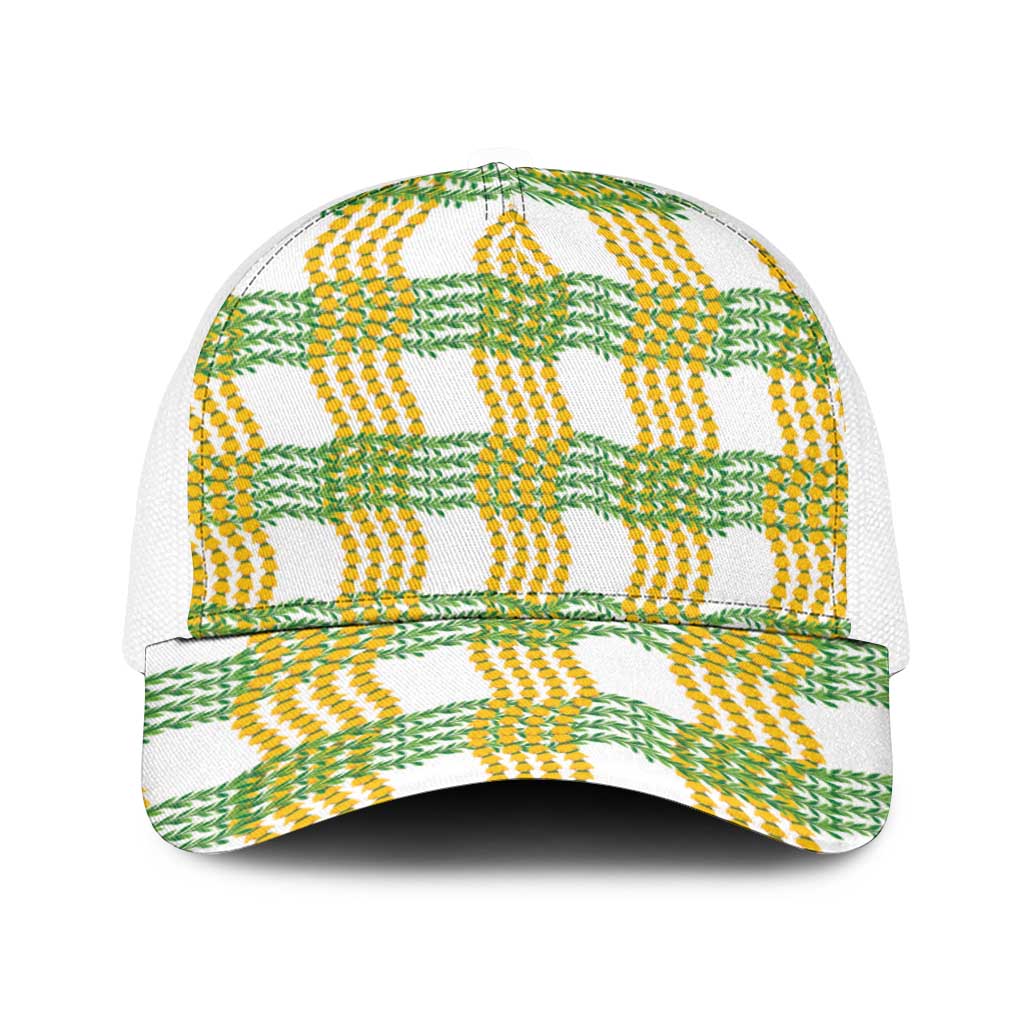 Aloha Hawaii Ilima Maile Lei Baseball Net Cap Palaka Inspired Hawaiian-plaid White