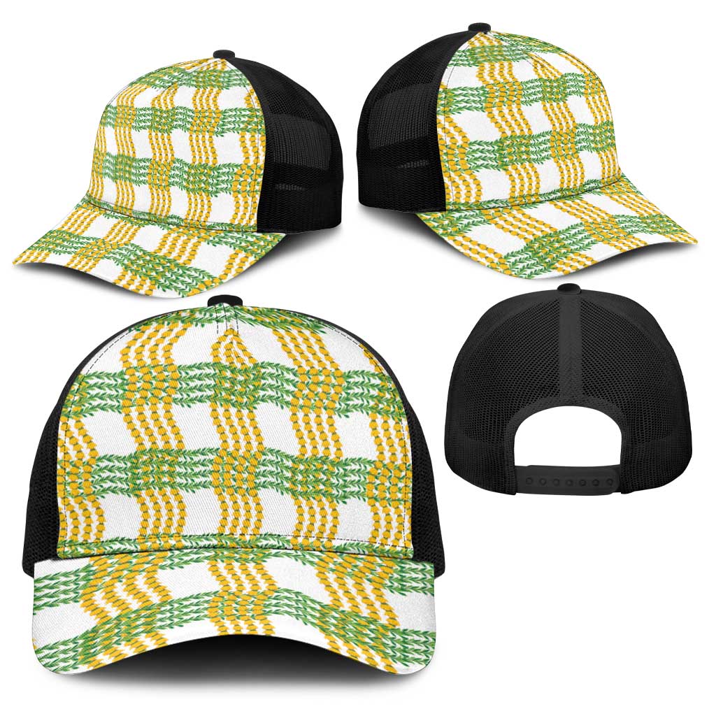 Aloha Hawaii Ilima Maile Lei Baseball Net Cap Palaka Inspired Hawaiian-plaid White