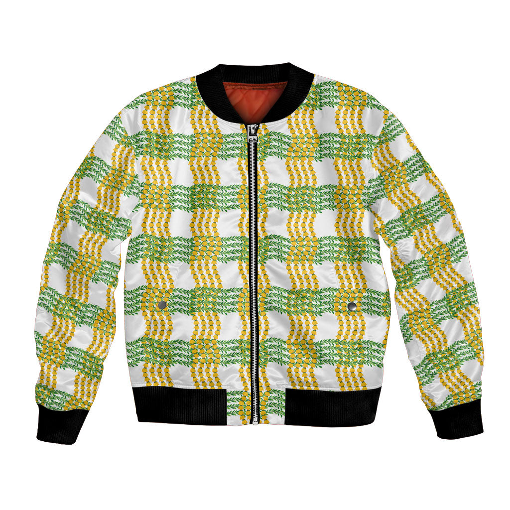Aloha Hawaii Ilima Maile Lei Bomber Jacket Palaka Inspired Hawaiian-plaid White