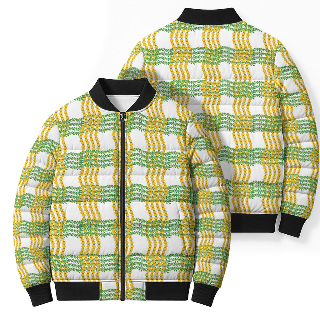 Aloha Hawaii Ilima Maile Lei Bomber Puffer Jacket Palaka Inspired Hawaiian-plaid White