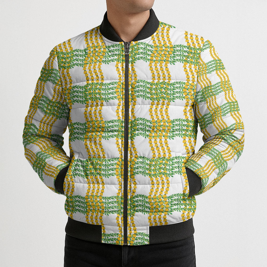 Aloha Hawaii Ilima Maile Lei Bomber Puffer Jacket Palaka Inspired Hawaiian-plaid White
