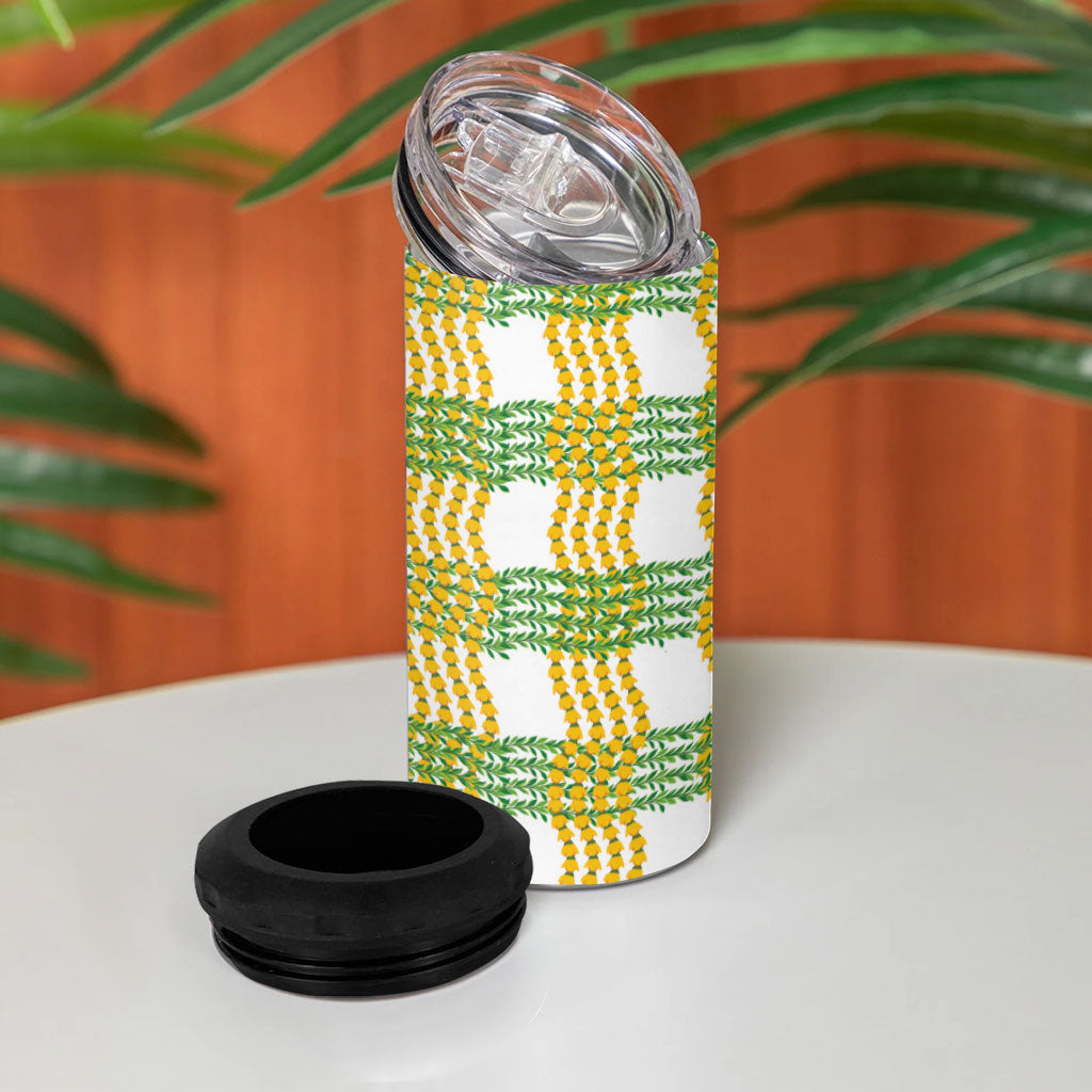 Aloha Hawaii Ilima Maile Lei 4 in 1 Can Cooler Tumbler Palaka Inspired Hawaiian-plaid White