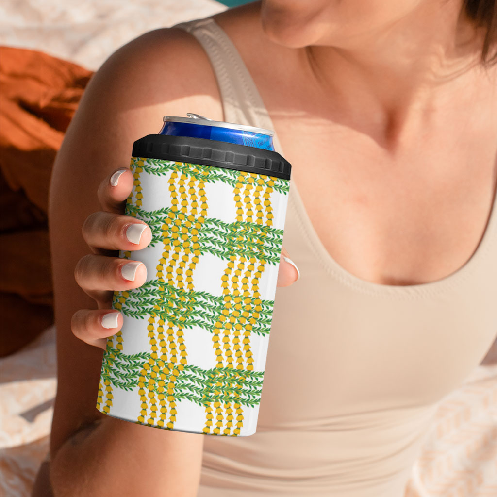 Aloha Hawaii Ilima Maile Lei 4 in 1 Can Cooler Tumbler Palaka Inspired Hawaiian-plaid White