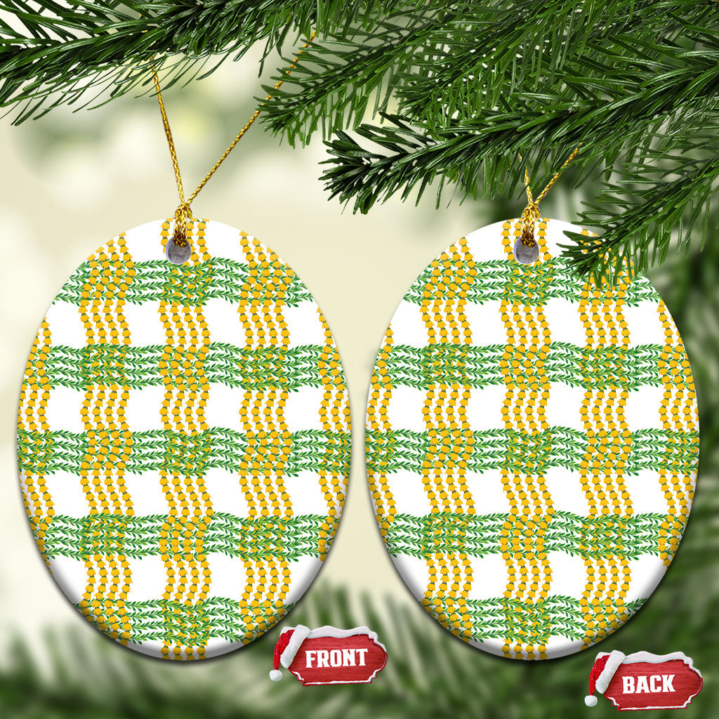 Aloha Hawaii Ilima Maile Lei Ceramic Ornament Palaka Inspired Hawaiian-plaid White