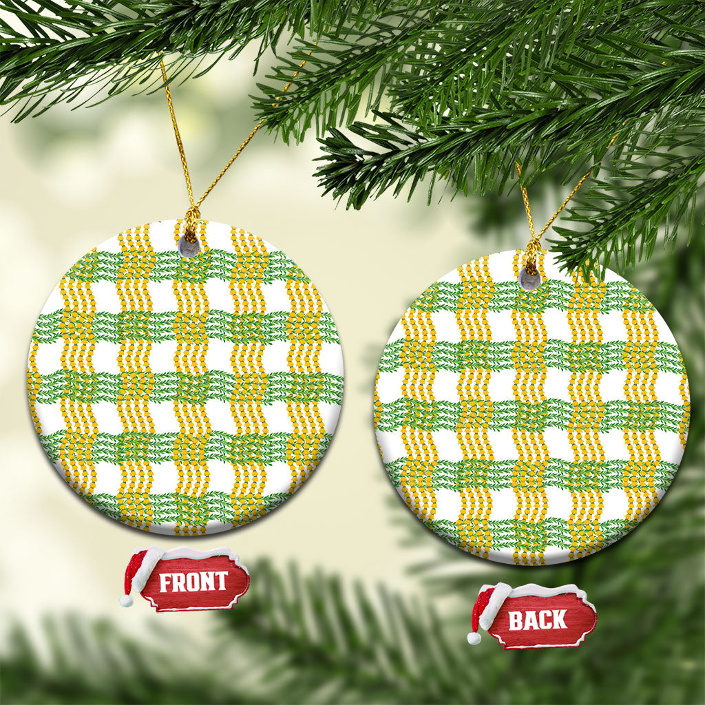 Aloha Hawaii Ilima Maile Lei Ceramic Ornament Palaka Inspired Hawaiian-plaid White