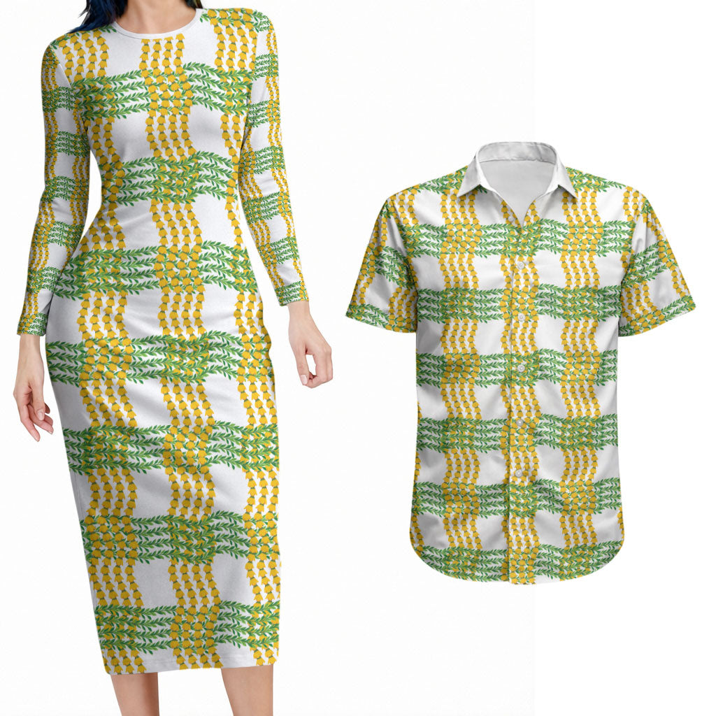 Aloha Hawaii Ilima Maile Lei Couples Matching Long Sleeve Bodycon Dress and Hawaiian Shirt Palaka Inspired Hawaiian-plaid White