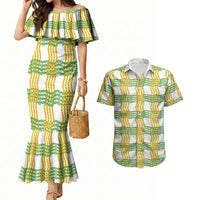 Aloha Hawaii Ilima Maile Lei Couples Matching Mermaid Dress and Hawaiian Shirt Palaka Inspired Hawaiian-plaid White