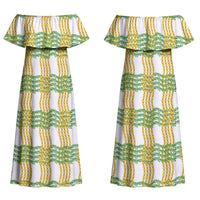 Aloha Hawaii Ilima Maile Lei Couples Matching Off Shoulder Maxi Dress and Long Sleeve Button Shirt Palaka Inspired Hawaiian-plaid White