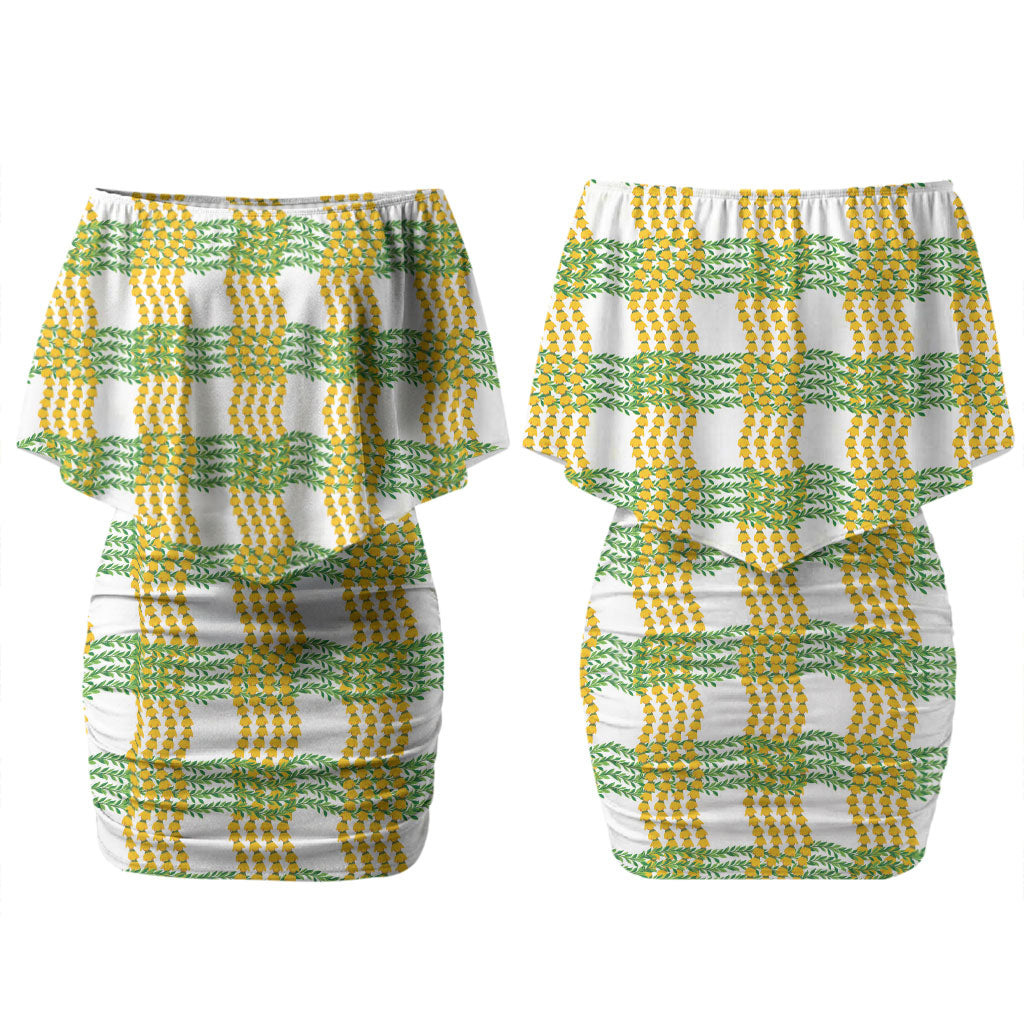 Aloha Hawaii Ilima Maile Lei Couples Matching Off Shoulder Short Dress and Long Sleeve Button Shirt Palaka Inspired Hawaiian-plaid White