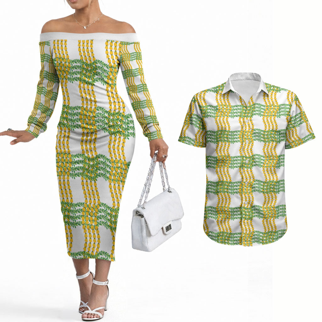 Aloha Hawaii Ilima Maile Lei Couples Matching Off The Shoulder Long Sleeve Dress and Hawaiian Shirt Palaka Inspired Hawaiian-plaid White