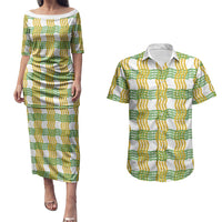 Aloha Hawaii Ilima Maile Lei Couples Matching Puletasi and Hawaiian Shirt Palaka Inspired Hawaiian-plaid White