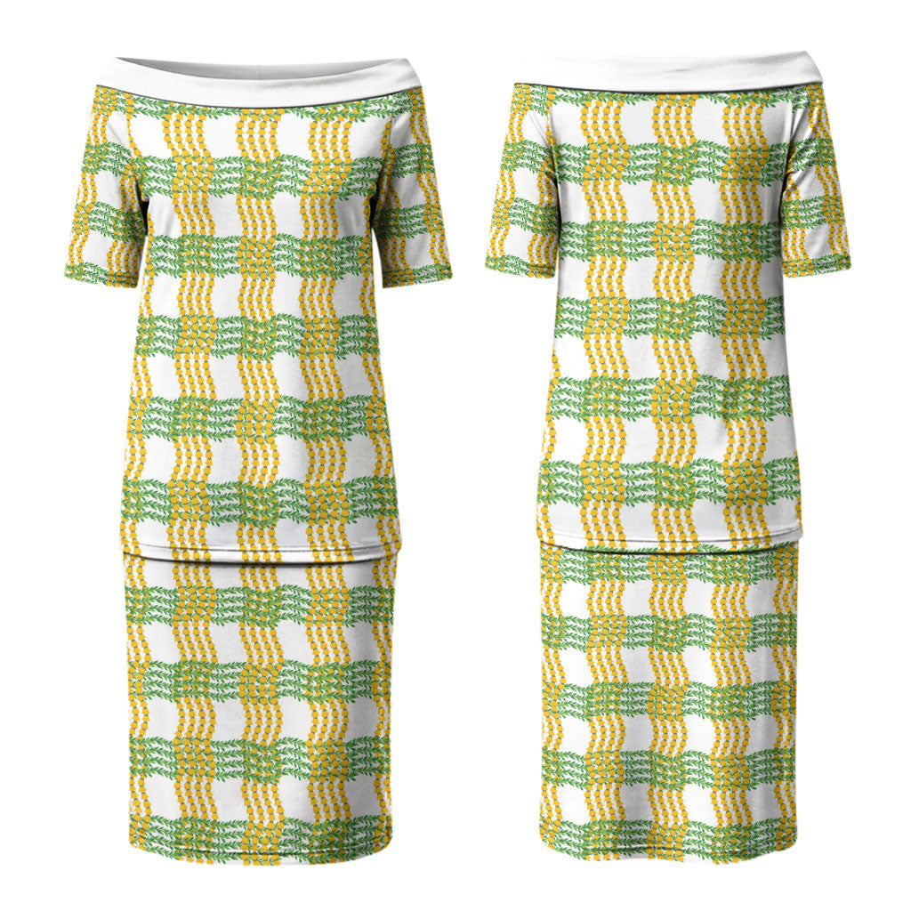 Aloha Hawaii Ilima Maile Lei Couples Matching Puletasi and Hawaiian Shirt Palaka Inspired Hawaiian-plaid White