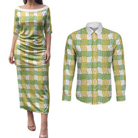 Aloha Hawaii Ilima Maile Lei Couples Matching Puletasi and Long Sleeve Button Shirt Palaka Inspired Hawaiian-plaid White