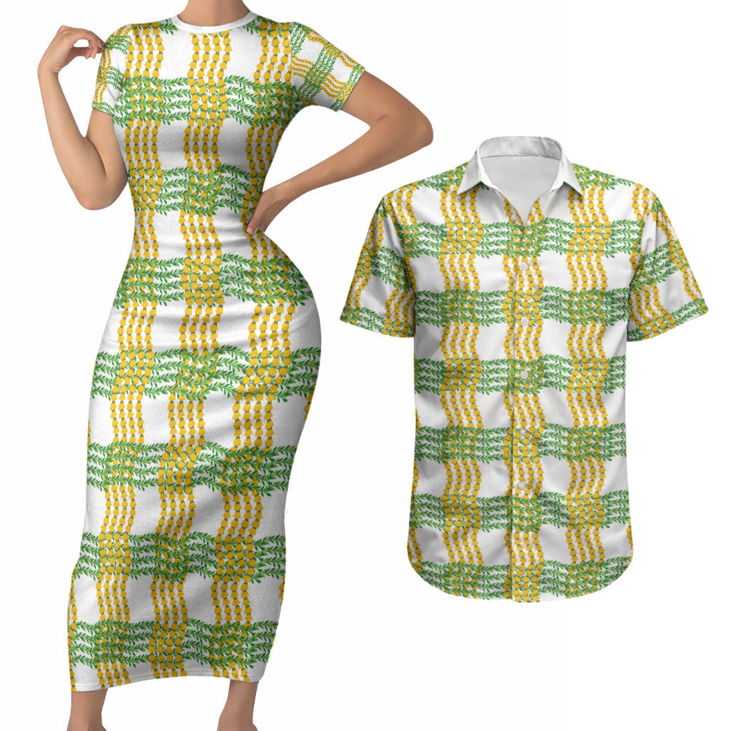 Aloha Hawaii Ilima Maile Lei Couples Matching Short Sleeve Bodycon Dress and Hawaiian Shirt Palaka Inspired Hawaiian-plaid White