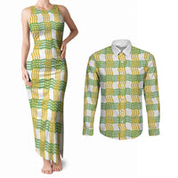 Aloha Hawaii Ilima Maile Lei Couples Matching Tank Maxi Dress and Long Sleeve Button Shirt Palaka Inspired Hawaiian-plaid White