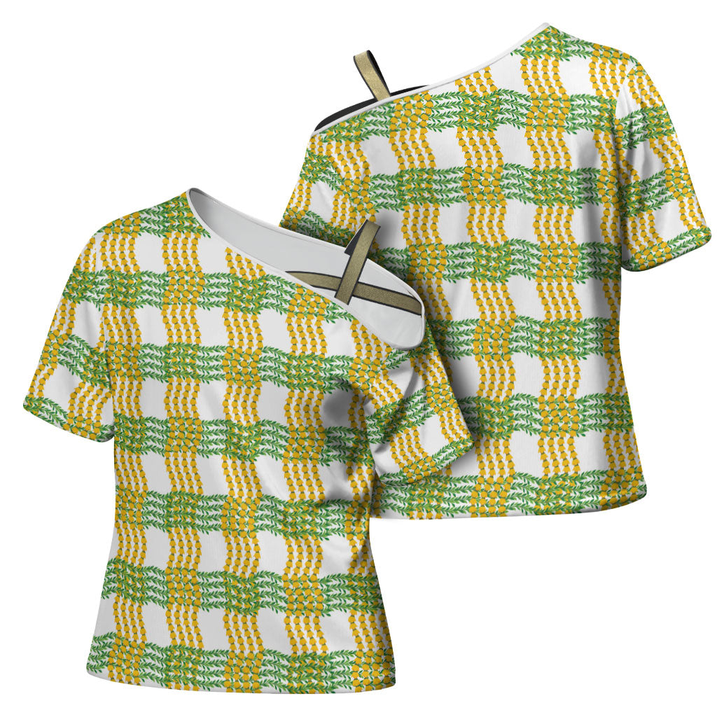 Aloha Hawaii Ilima Maile Lei Cross Shoulder Shirt Palaka Inspired Hawaiian-plaid White