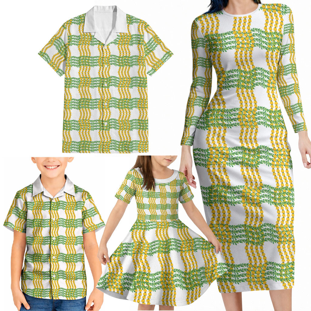 Aloha Hawaii Ilima Maile Lei Family Matching Long Sleeve Bodycon Dress and Hawaiian Shirt Palaka Inspired Hawaiian-plaid White