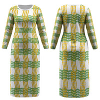 Aloha Hawaii Ilima Maile Lei Family Matching Long Sleeve Bodycon Dress and Hawaiian Shirt Palaka Inspired Hawaiian-plaid White