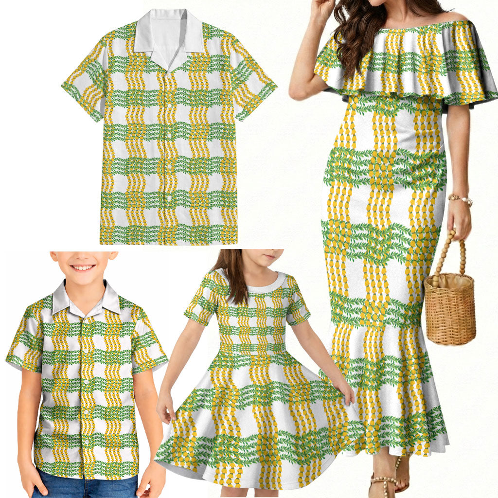 Aloha Hawaii Ilima Maile Lei Family Matching Mermaid Dress and Hawaiian Shirt Palaka Inspired Hawaiian-plaid White
