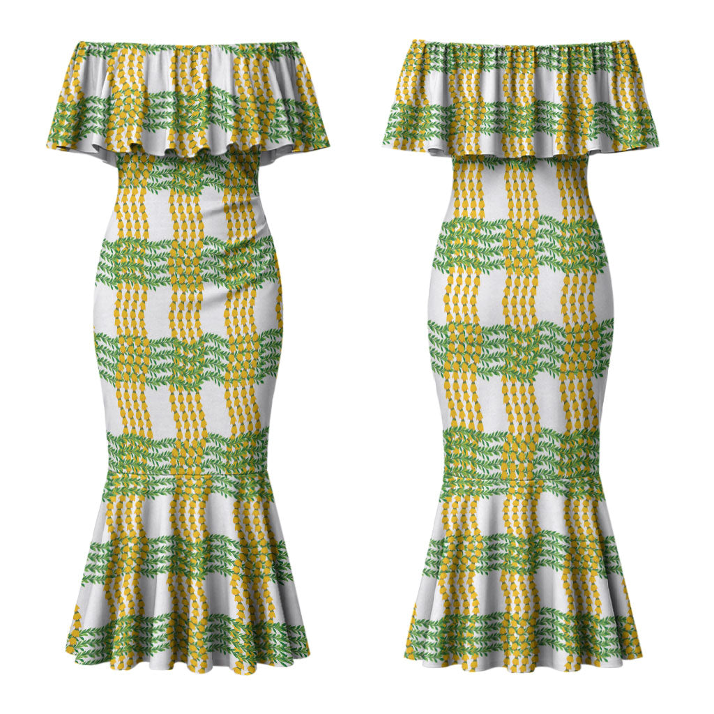 Aloha Hawaii Ilima Maile Lei Family Matching Mermaid Dress and Hawaiian Shirt Palaka Inspired Hawaiian-plaid White