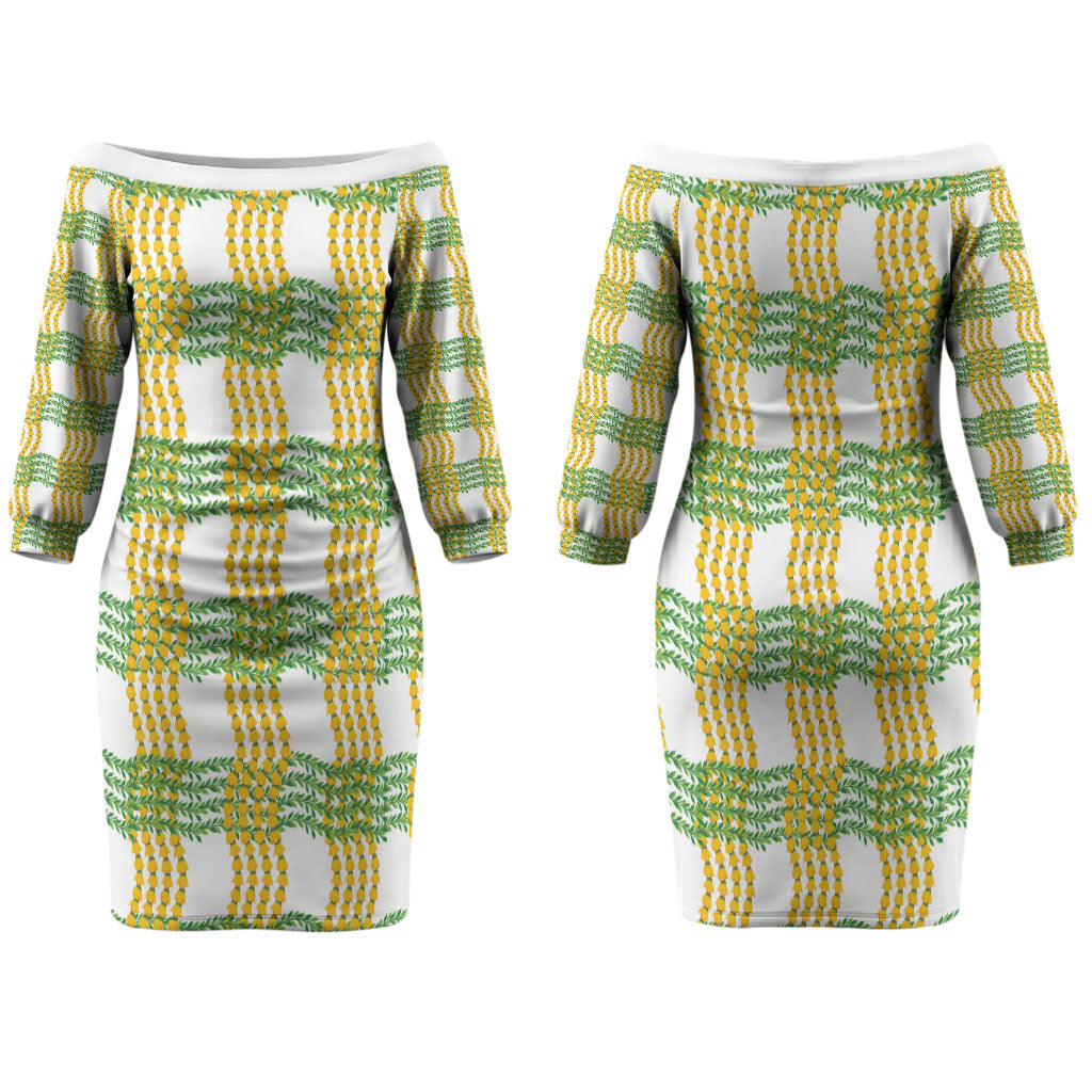 Aloha Hawaii Ilima Maile Lei Family Matching Off The Shoulder Long Sleeve Dress and Hawaiian Shirt Palaka Inspired Hawaiian-plaid White