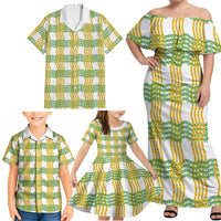 Aloha Hawaii Ilima Maile Lei Family Matching Off Shoulder Maxi Dress and Hawaiian Shirt Palaka Inspired Hawaiian-plaid White