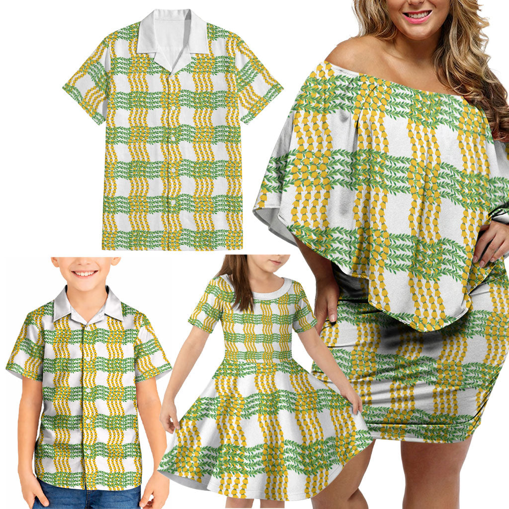 Aloha Hawaii Ilima Maile Lei Family Matching Off Shoulder Short Dress and Hawaiian Shirt Palaka Inspired Hawaiian-plaid White