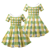 Aloha Hawaii Ilima Maile Lei Family Matching Off Shoulder Short Dress and Hawaiian Shirt Palaka Inspired Hawaiian-plaid White