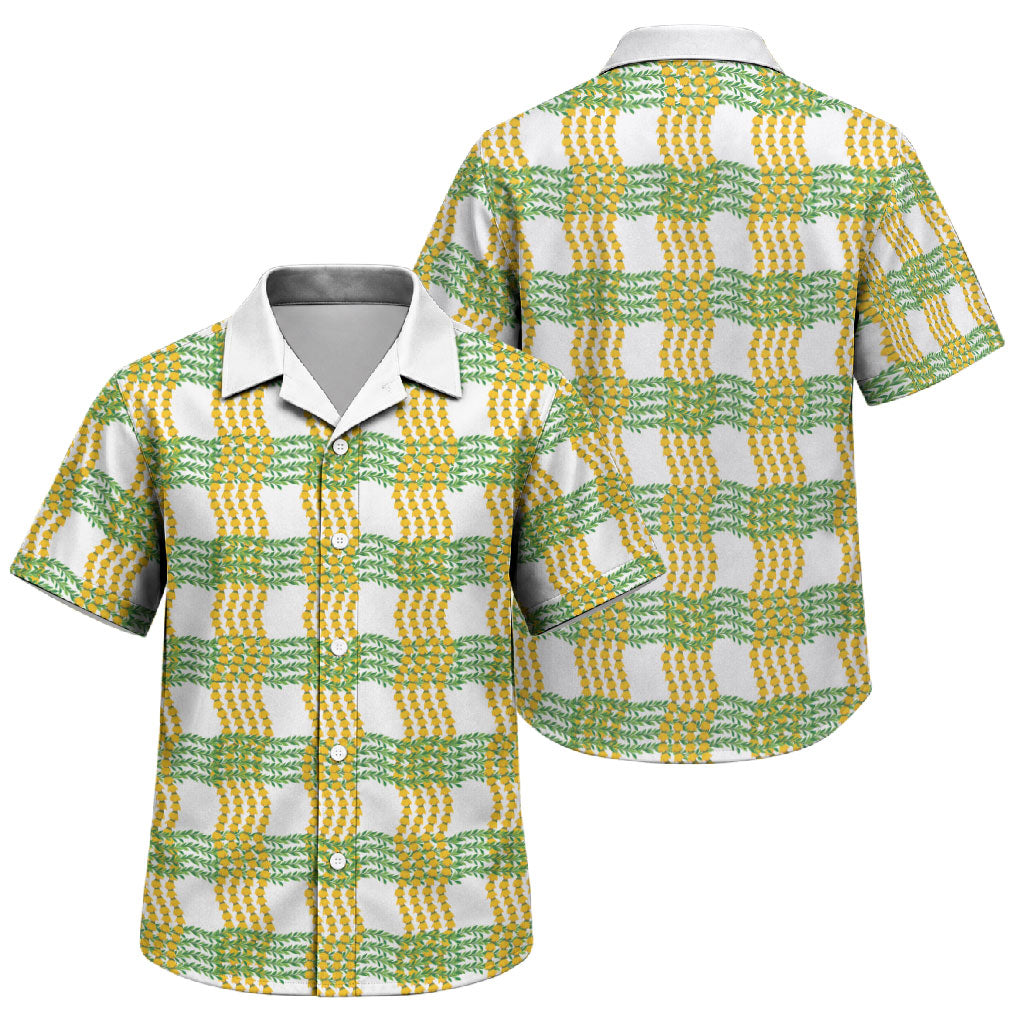 Aloha Hawaii Ilima Maile Lei Family Matching Off Shoulder Short Dress and Hawaiian Shirt Palaka Inspired Hawaiian-plaid White