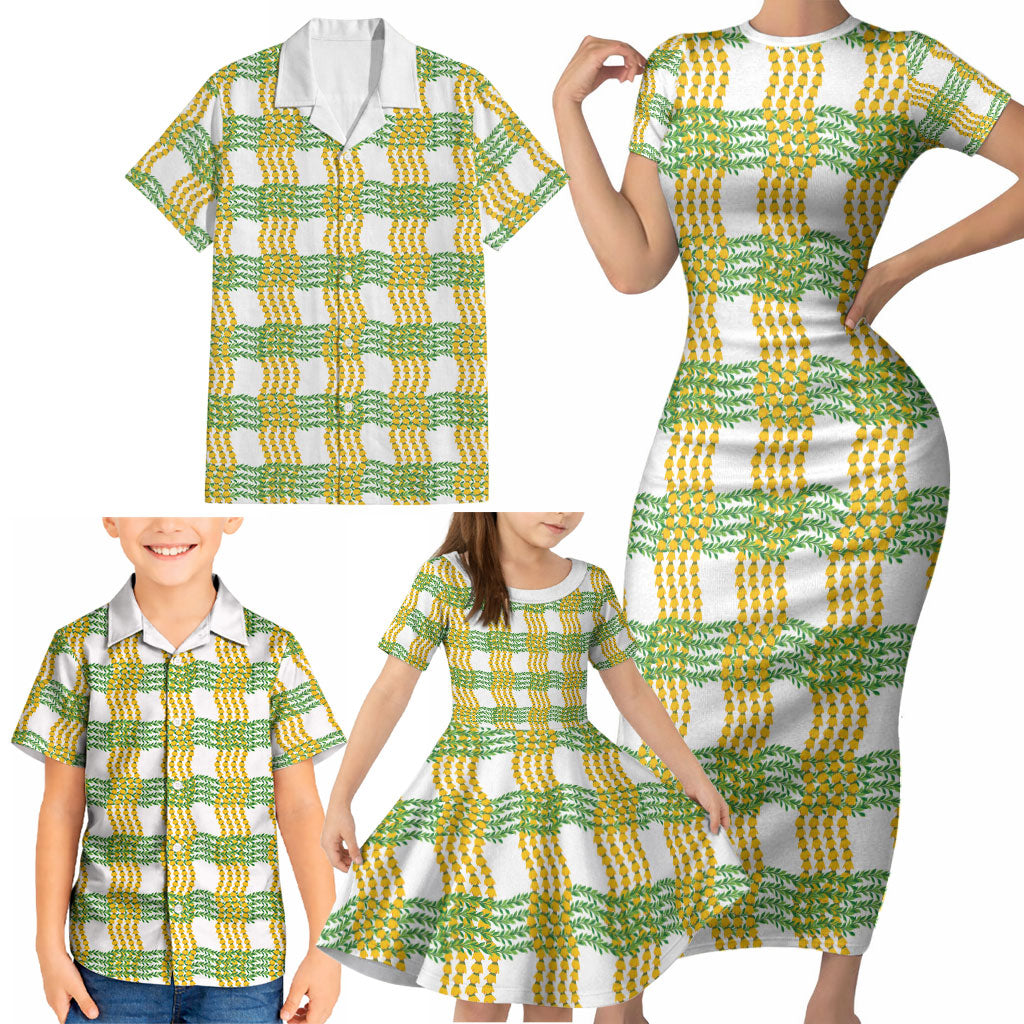 Aloha Hawaii Ilima Maile Lei Family Matching Short Sleeve Bodycon Dress and Hawaiian Shirt Palaka Inspired Hawaiian-plaid White