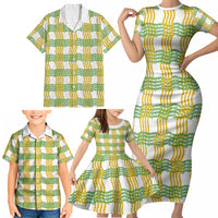Aloha Hawaii Ilima Maile Lei Family Matching Short Sleeve Bodycon Dress and Hawaiian Shirt Palaka Inspired Hawaiian-plaid White