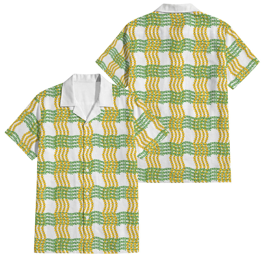 Aloha Hawaii Ilima Maile Lei Family Matching Short Sleeve Bodycon Dress and Hawaiian Shirt Palaka Inspired Hawaiian-plaid White