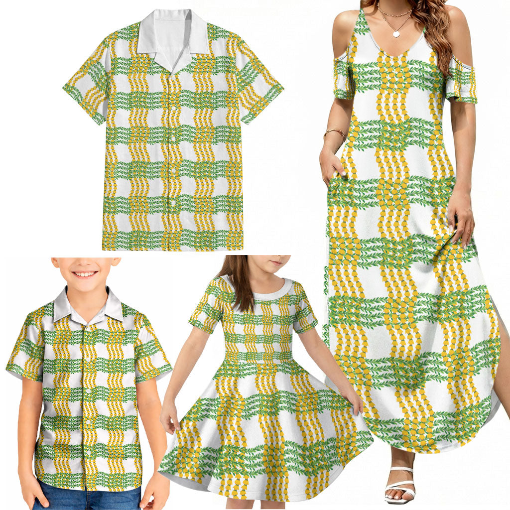 Aloha Hawaii Ilima Maile Lei Family Matching Summer Maxi Dress and Hawaiian Shirt Palaka Inspired Hawaiian-plaid White