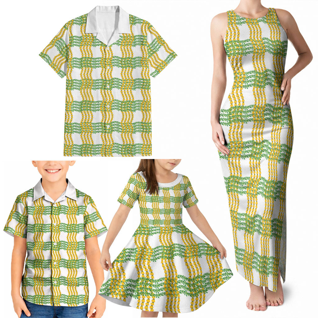 Aloha Hawaii Ilima Maile Lei Family Matching Tank Maxi Dress and Hawaiian Shirt Palaka Inspired Hawaiian-plaid White