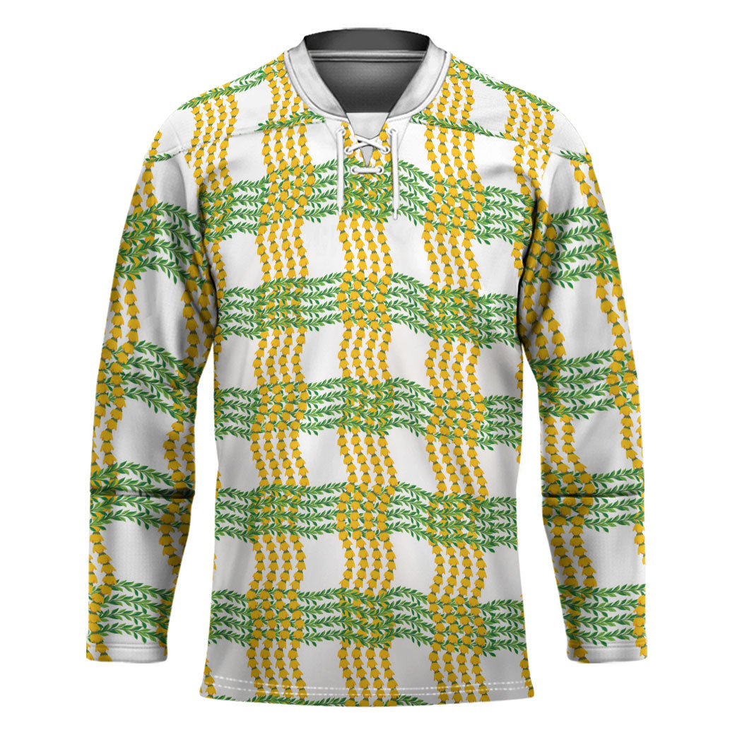 Aloha Hawaii Ilima Maile Lei Hockey Jersey Palaka Inspired Hawaiian-plaid White LT14 Unisex White - Polynesian Pride