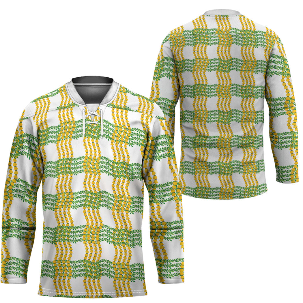 Aloha Hawaii Ilima Maile Lei Hockey Jersey Palaka Inspired Hawaiian-plaid White