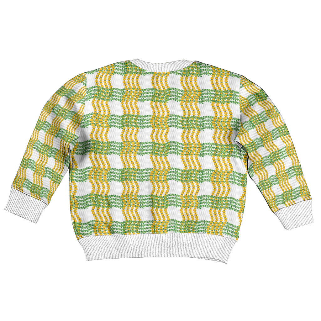 Aloha Hawaii Ilima Maile Lei Kid Ugly Christmas Sweater Palaka Inspired Hawaiian-plaid White