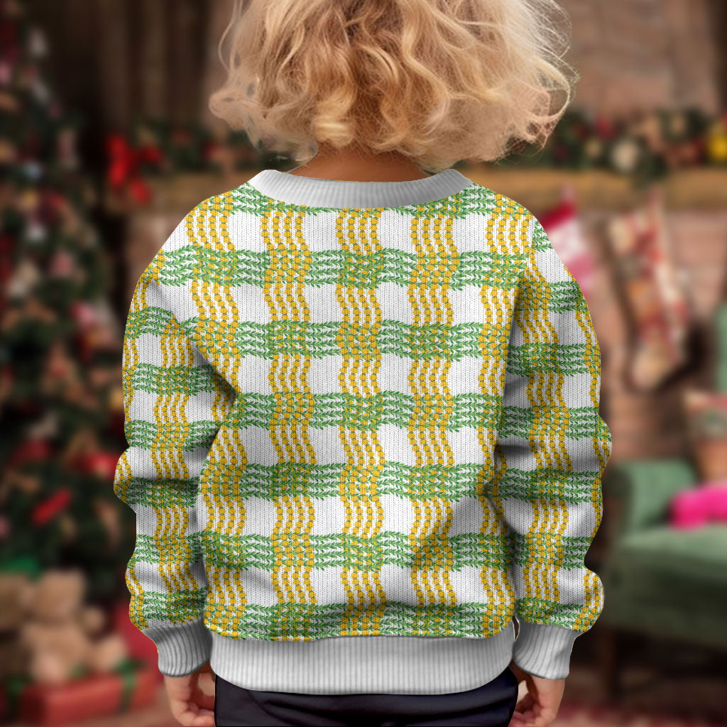 Aloha Hawaii Ilima Maile Lei Kid Ugly Christmas Sweater Palaka Inspired Hawaiian-plaid White