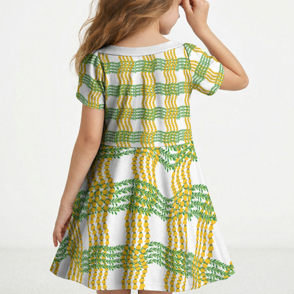 Aloha Hawaii Ilima Maile Lei Kid Short Sleeve Dress Palaka Inspired Hawaiian-plaid White