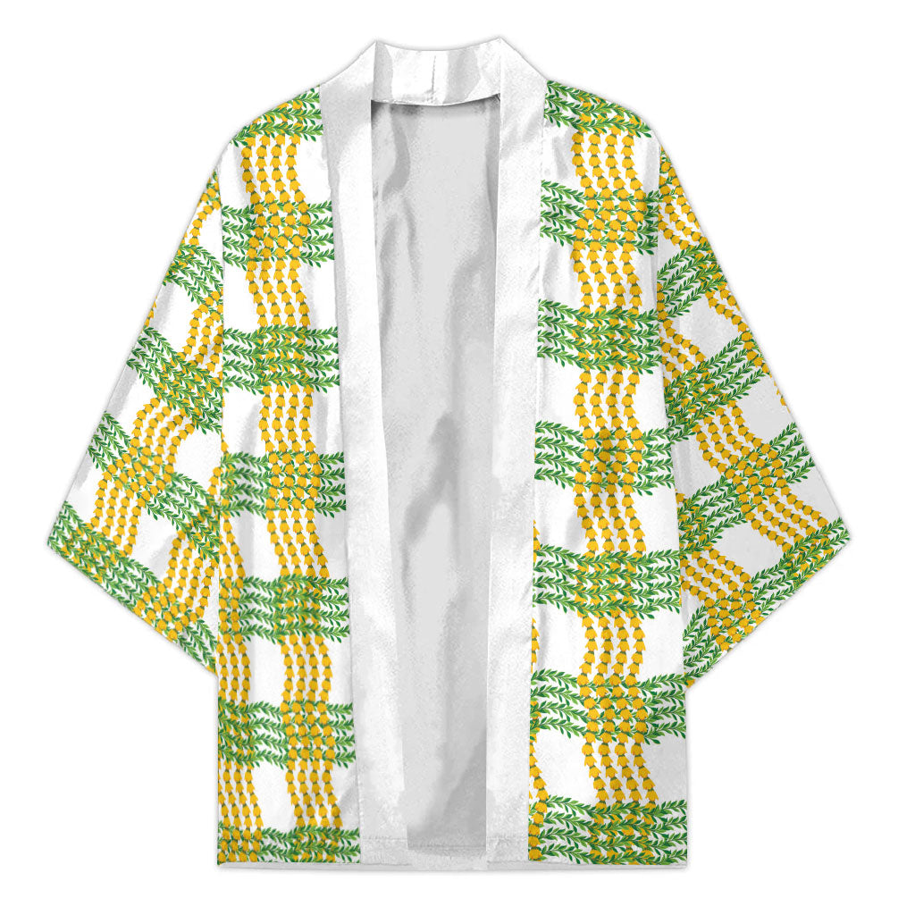 Aloha Hawaii Ilima Maile Lei Kimono Palaka Inspired Hawaiian-plaid White
