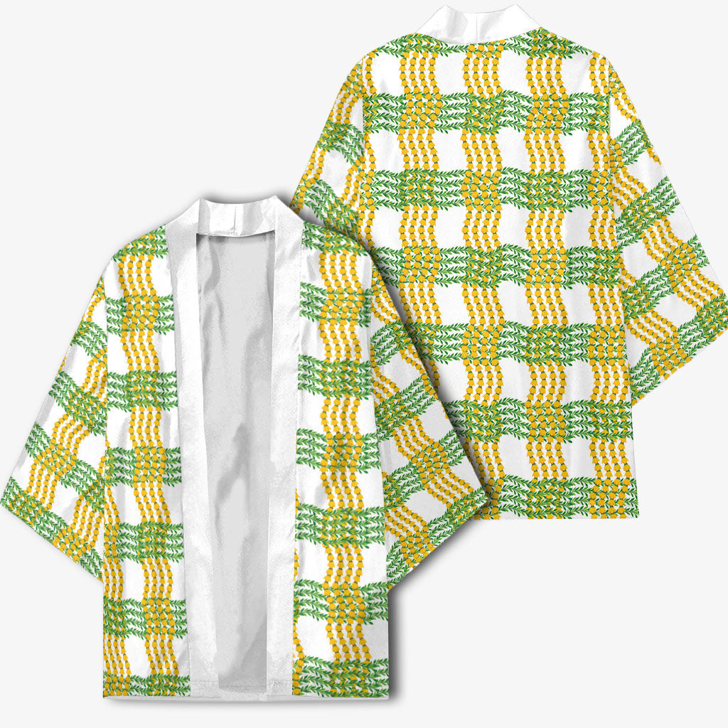 Aloha Hawaii Ilima Maile Lei Kimono Palaka Inspired Hawaiian-plaid White