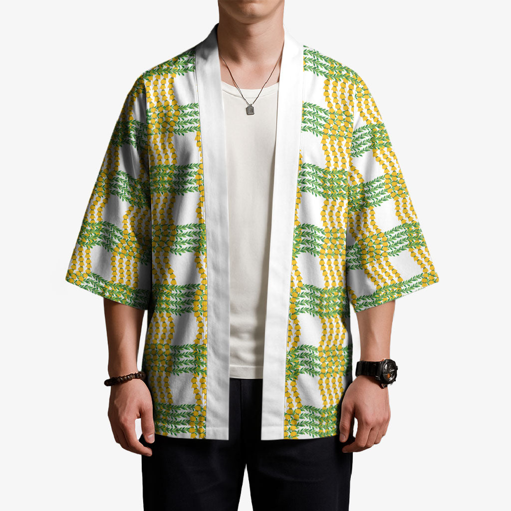 Aloha Hawaii Ilima Maile Lei Kimono Palaka Inspired Hawaiian-plaid White