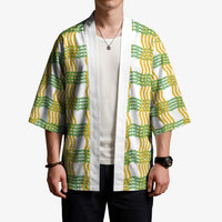 Aloha Hawaii Ilima Maile Lei Kimono Palaka Inspired Hawaiian-plaid White