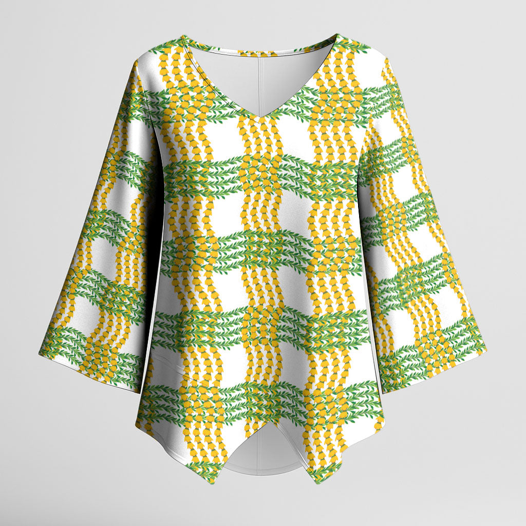 Aloha Hawaii Ilima Maile Lei Kimono Sleeve Blouse Palaka Inspired Hawaiian-plaid White