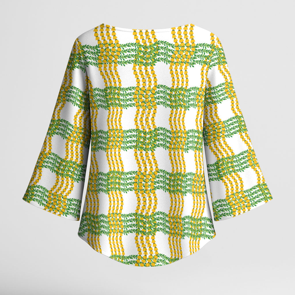 Aloha Hawaii Ilima Maile Lei Kimono Sleeve Blouse Palaka Inspired Hawaiian-plaid White