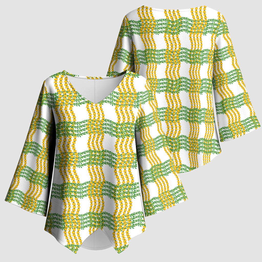Aloha Hawaii Ilima Maile Lei Kimono Sleeve Blouse Palaka Inspired Hawaiian-plaid White